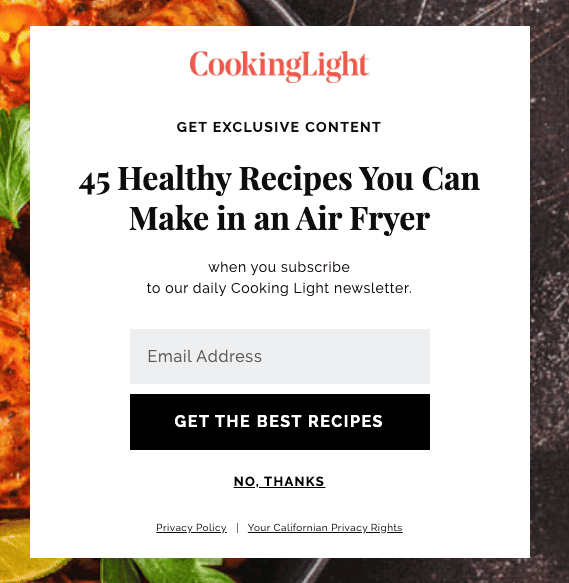 cooking light website popups