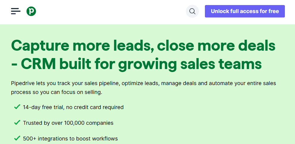 Pipedrive CRM homepage screenshot