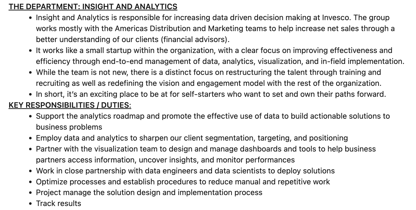 detailed job description for sales analysis