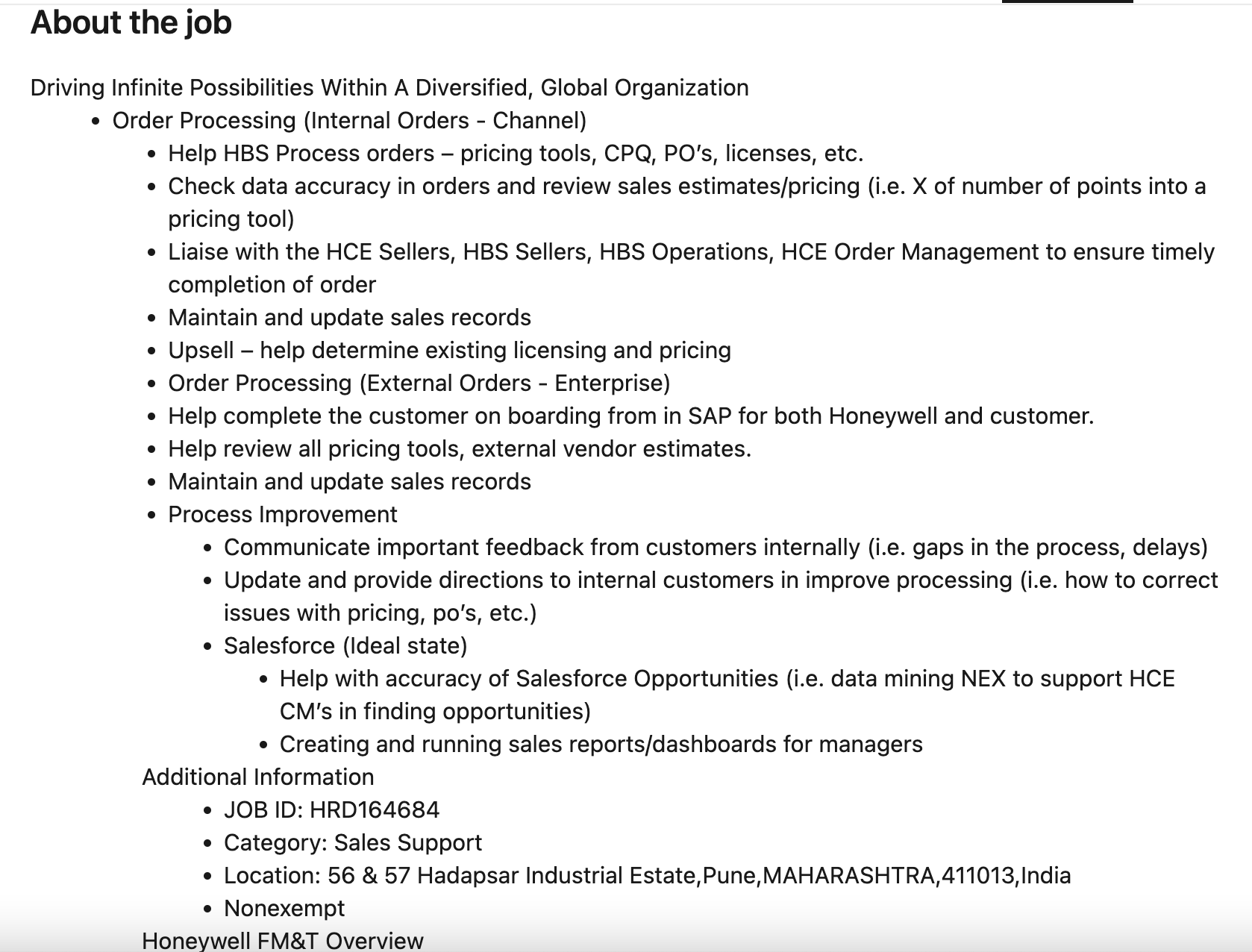 Honeywell global sales analyst description