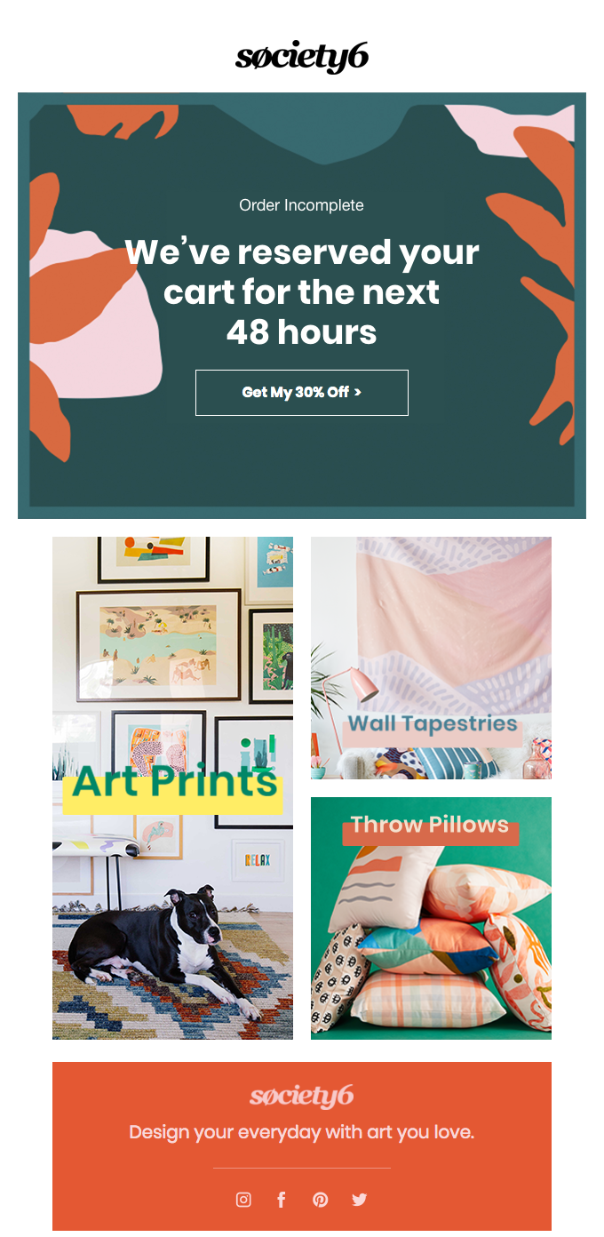 Abandoned cart email example from Society6