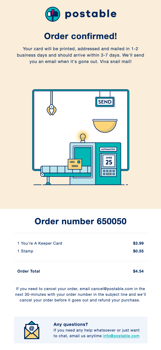 Order confirmation email example from Postable