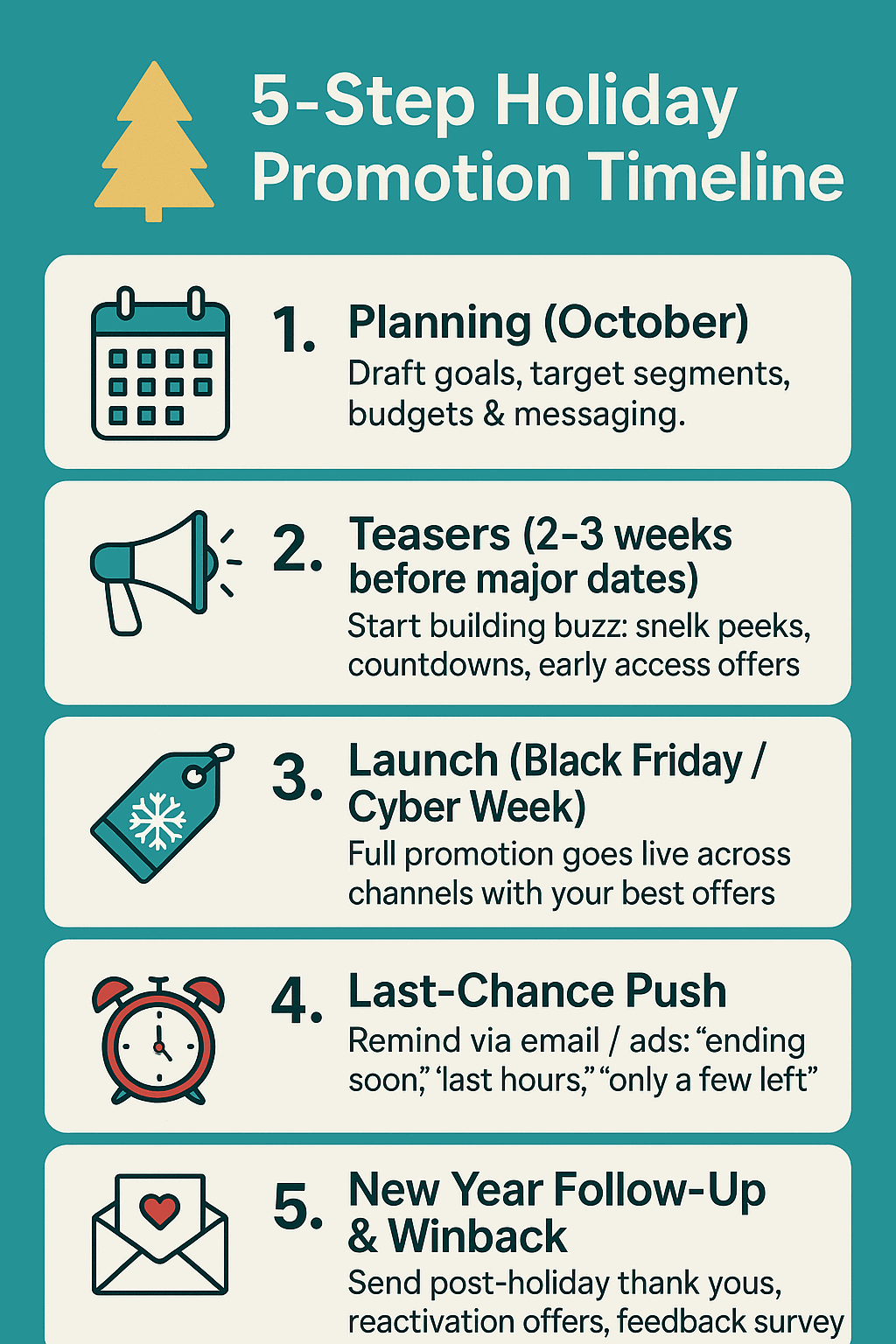 Vertical infographic: 5-step holiday promotion timeline from planning in Oct to post-holiday winback