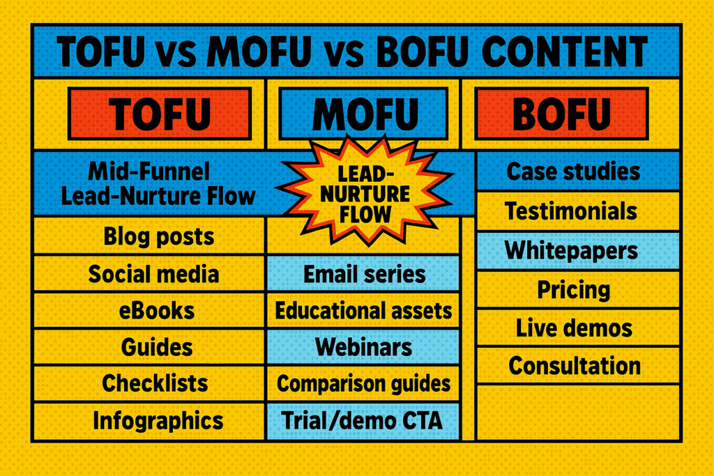 Table comparing top, mid and bottom funnel content types