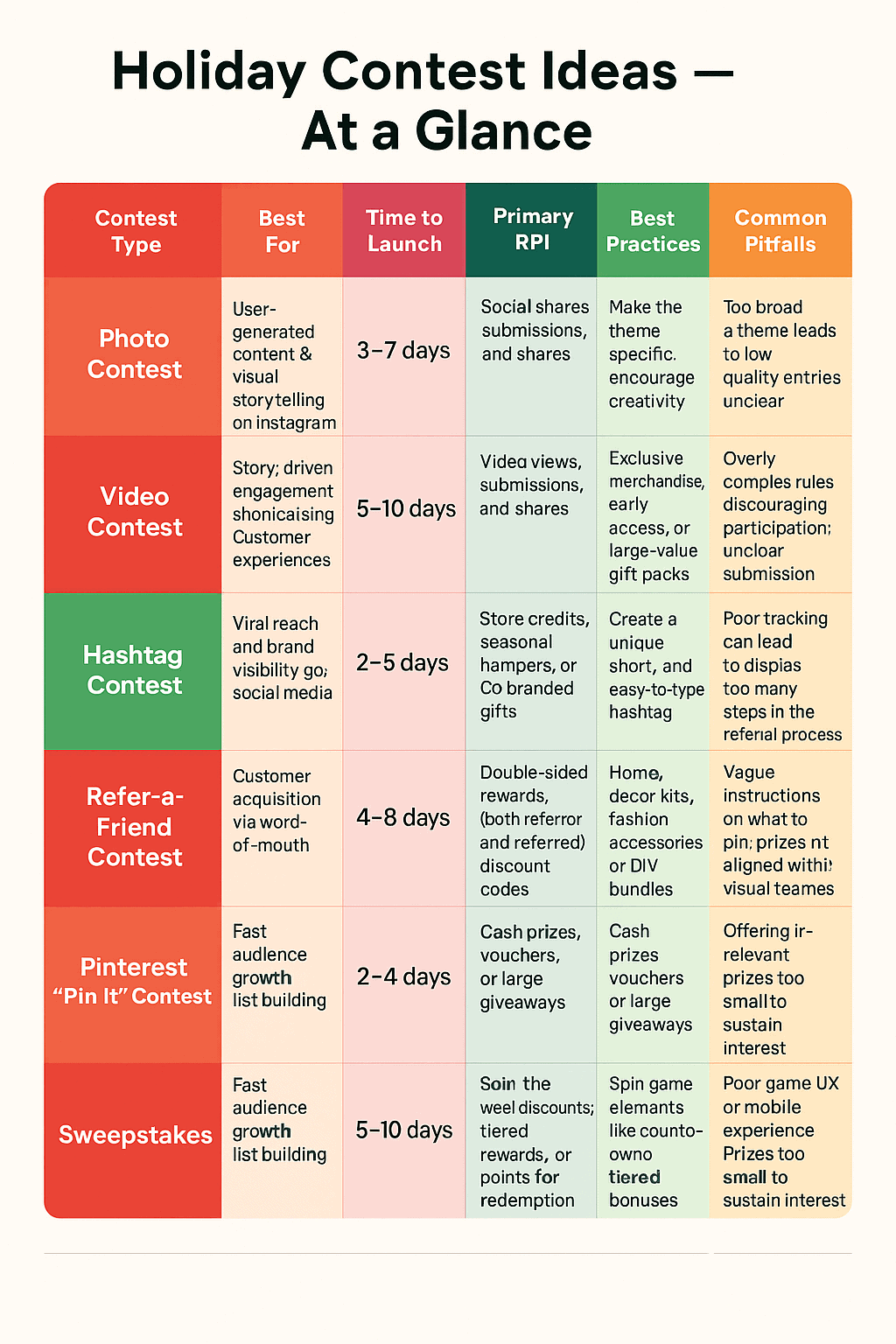 Comparison table of 7 holiday contest ideas showing best use case, launch time, and primary KPI. 