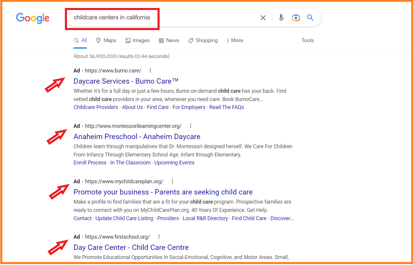 Google ads for childcare centers in California