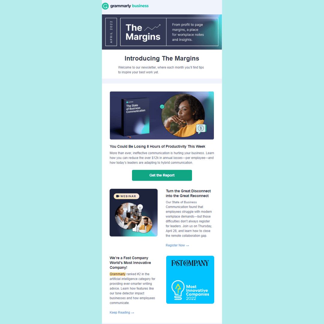 In this win-back example, Grammarly uses this newsletter to give subscribers tips to increase productivity.