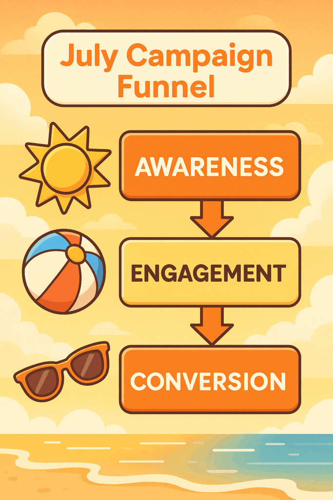 Flowchart of July marketing funnel from holiday hook to sale