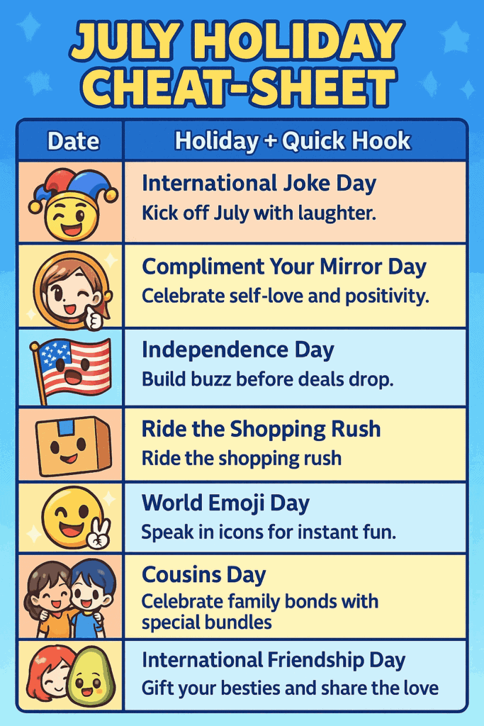 July marketing ideas calendar of holidays and promo hooks
