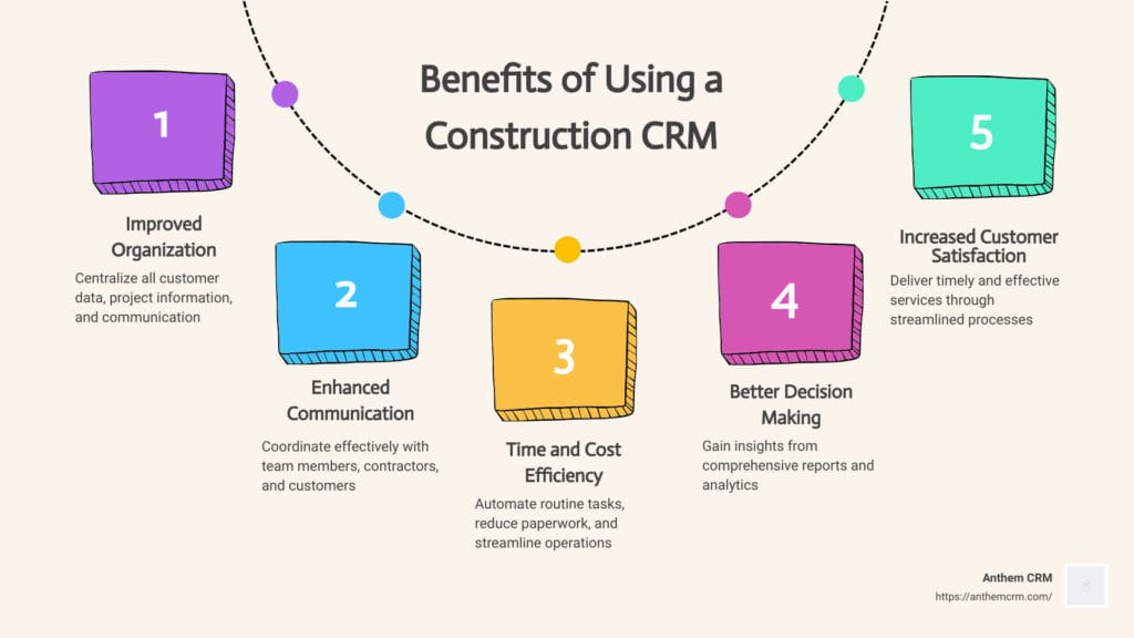 Infographic showing top benefits—improved client tracking, project pipeline visibility, mobile access—for construction business CRM