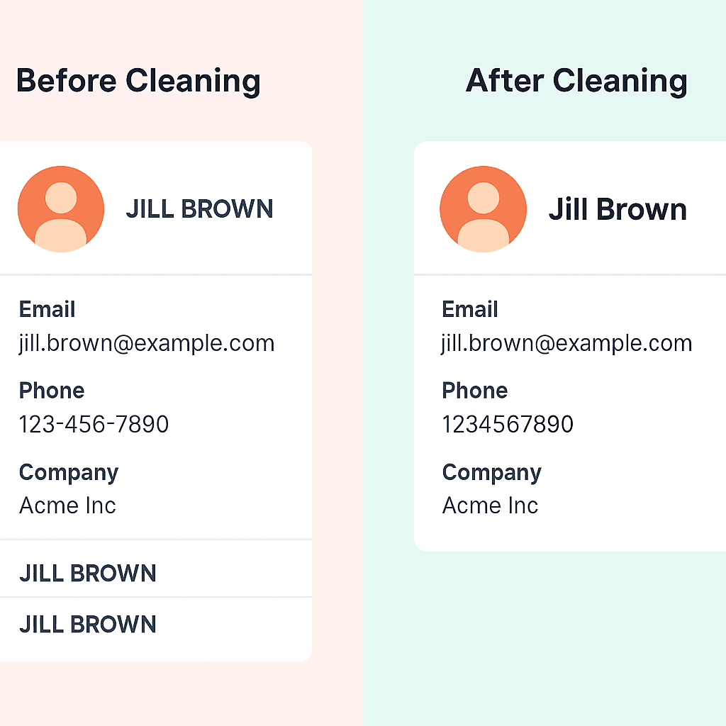 Visual showing CRM contact record before and after cleaning: duplicate entries removed, email corrected, fields standardized.