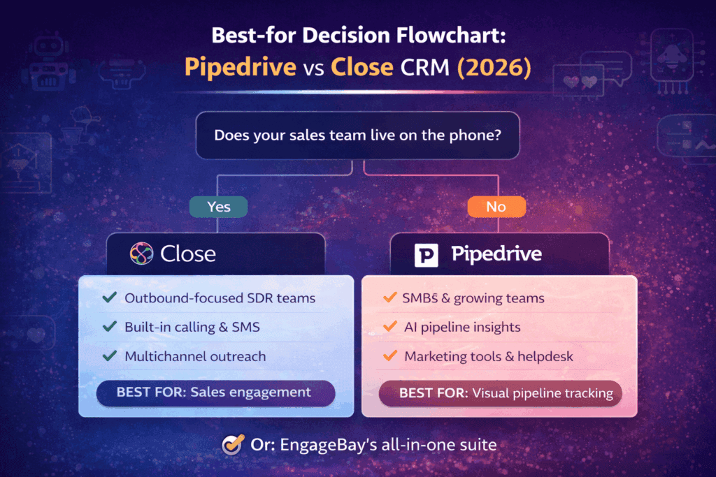 Best-for decision flowchart comparing Pipedrive vs Close CRM in 2026 based on outbound sales needs, calling features, and pipeline management