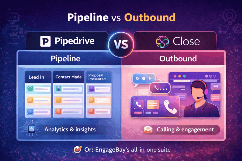 Pipeline vs outbound visual comparing Pipedrive pipeline management with Close outbound sales engagement features in 2026