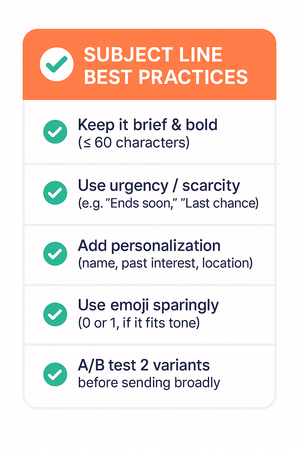 Black Friday subject line checklist: ≤60 chars, 1 emoji, 1 power word, test 2 variants.