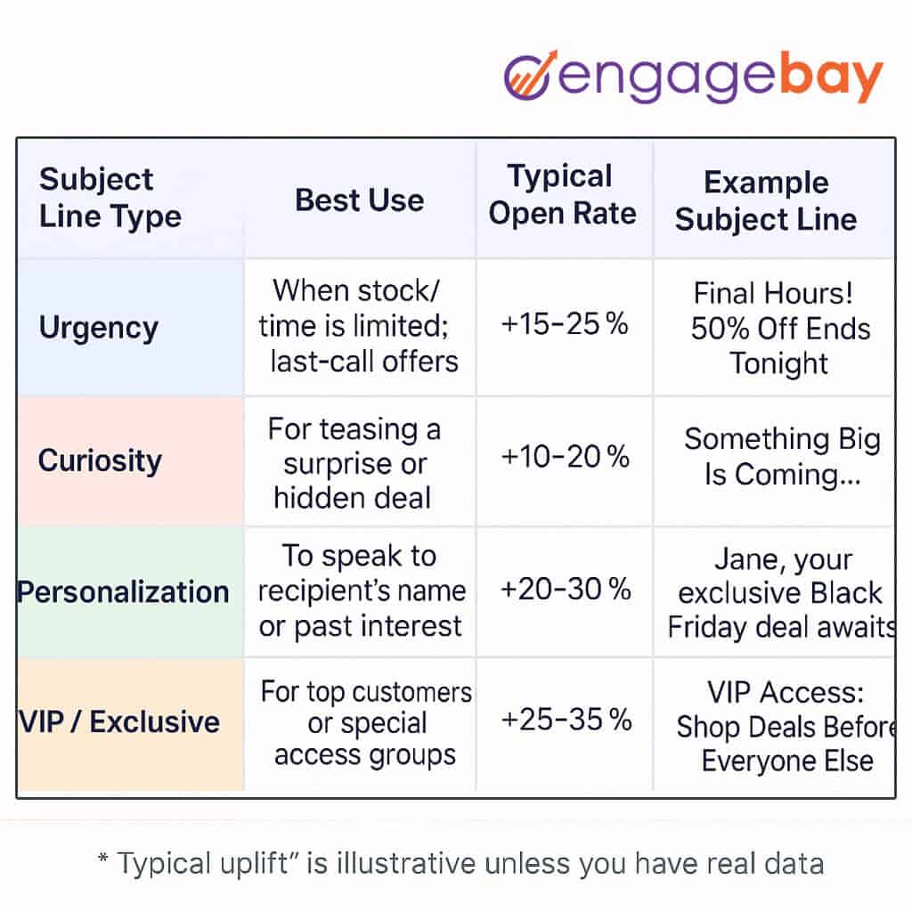 Comparison table: urgency vs curiosity vs personalization subject line open rates.