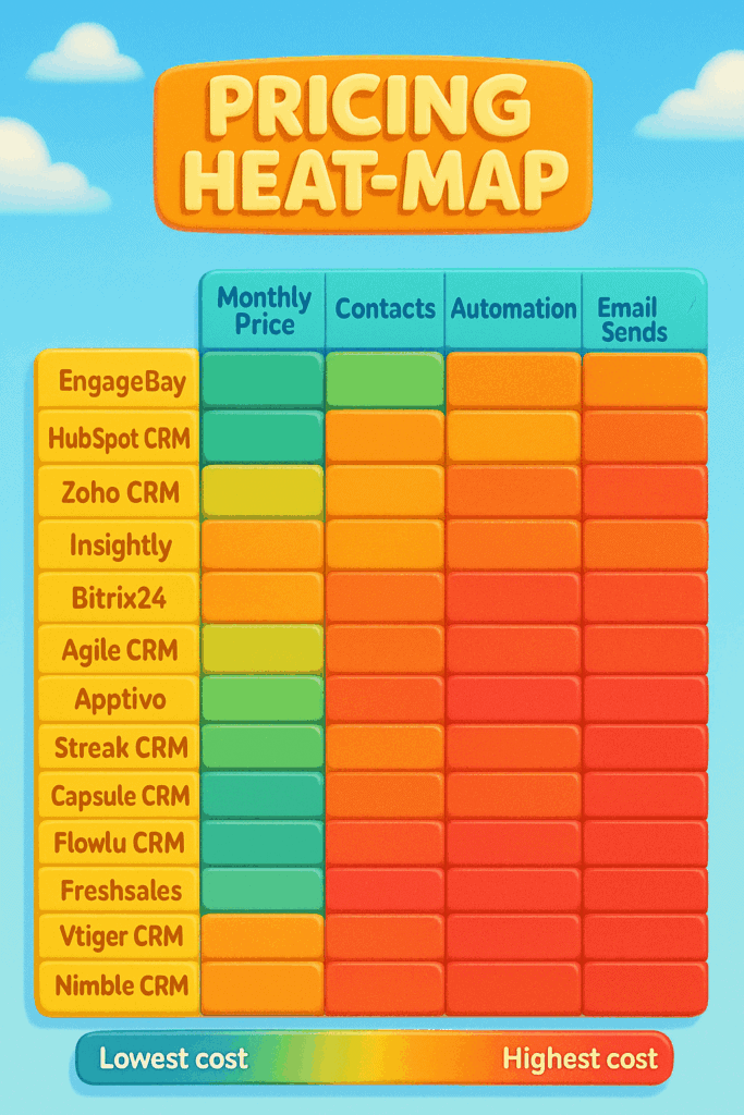 Heat-map comparing monthly price vs. core features of 16 cheapest CRMs (2025)