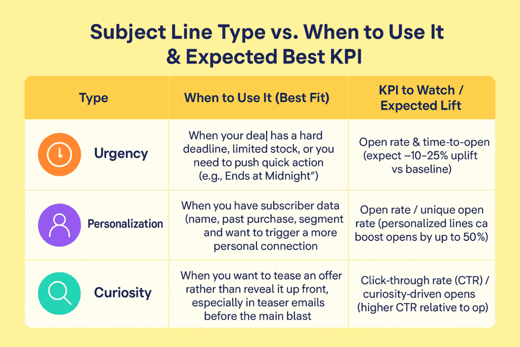 Comparison table showing subject line types (Urgency, Personalization, Curiosity) and recommended use cases with expected KPI gains.