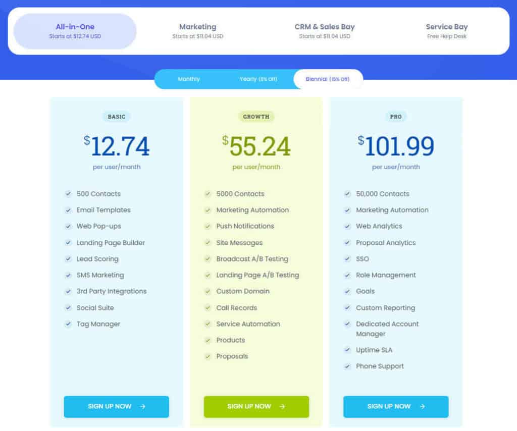 Screenshot of EngageBay CRM for higher education pricing Tiers for the All-in-one plan under biennial payment option