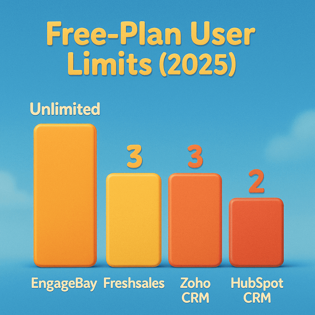Bar chart showing max free users: HubSpot 2, Freshsales 3, Zoho 3, EngageBay Unlimited