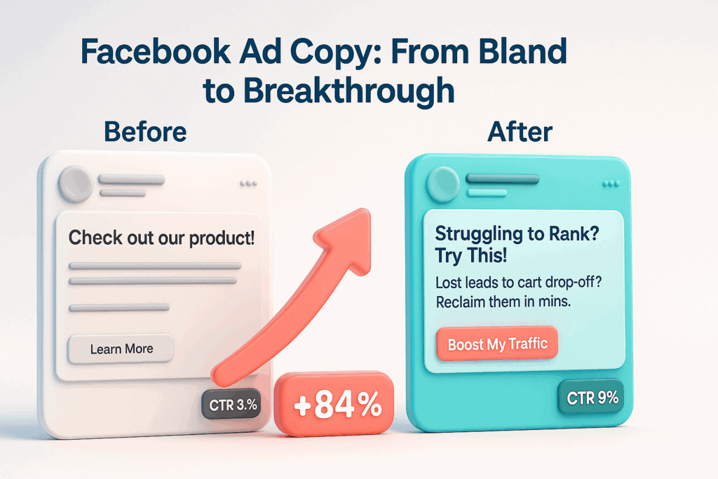 Before and after Facebook ad copy example illustrating CTR lift