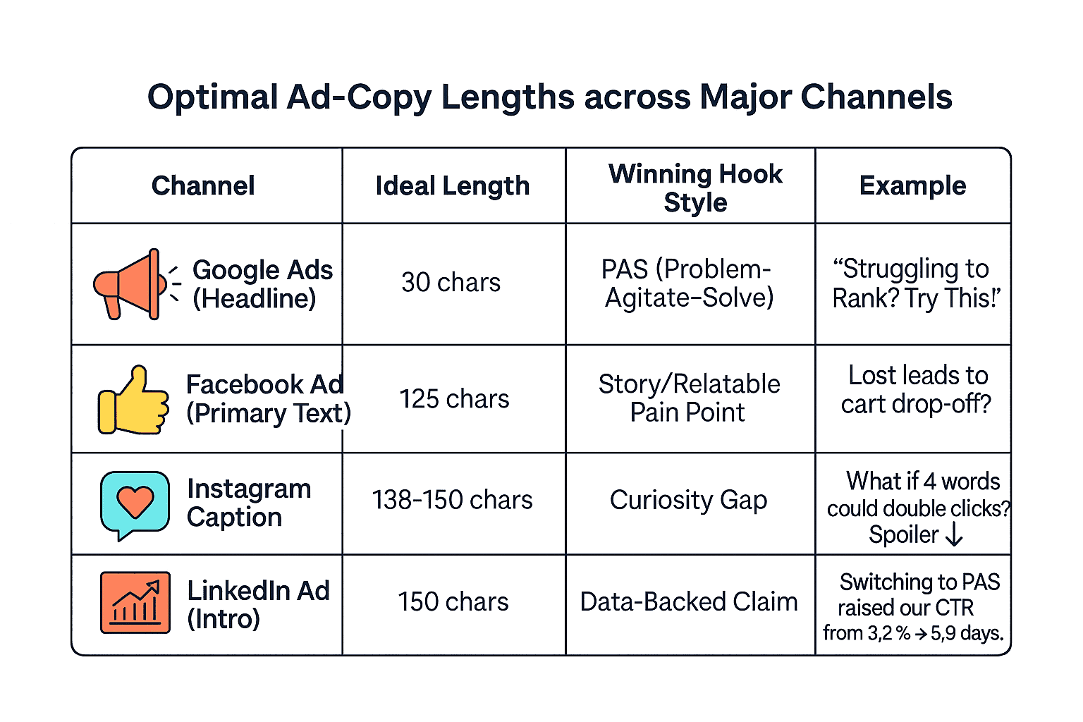 Comparison table of optimal ad-copy lengths across major channels