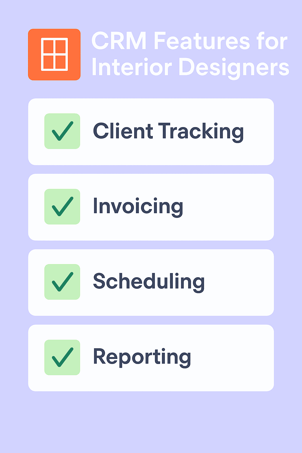 Checklist of CRM features essential for interior designers: client tracking, invoicing, scheduling