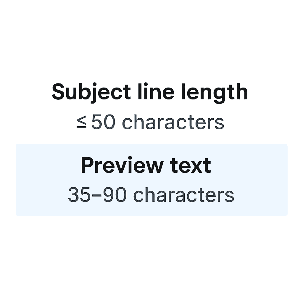 Visual showing recommended subject line length (≤50 chars) and preview text (35–90 chars) for holiday emails.