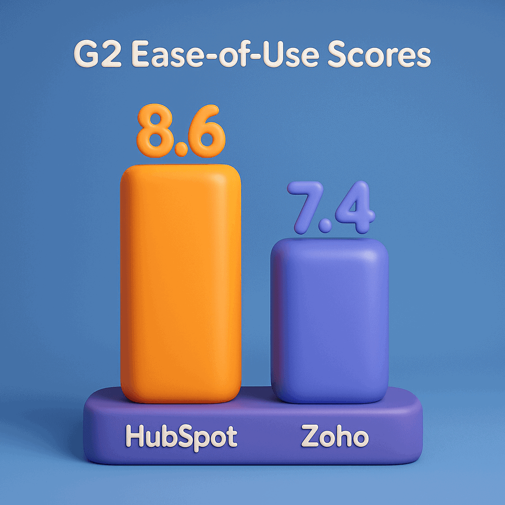 G2 ease-of-use scores—HubSpot 8.6 vs Zoho 7.4