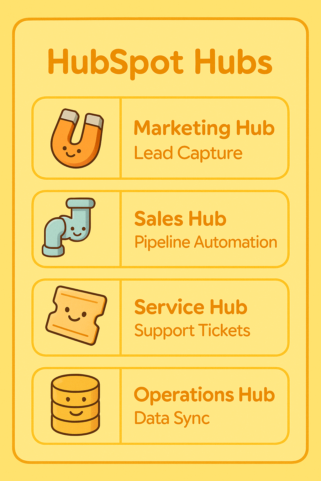 Infographic showing HubSpot Marketing, Sales, Service and Operations Hubs