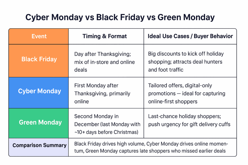 Comparison of Cyber Monday, Black Friday, and Green Monday features and timing