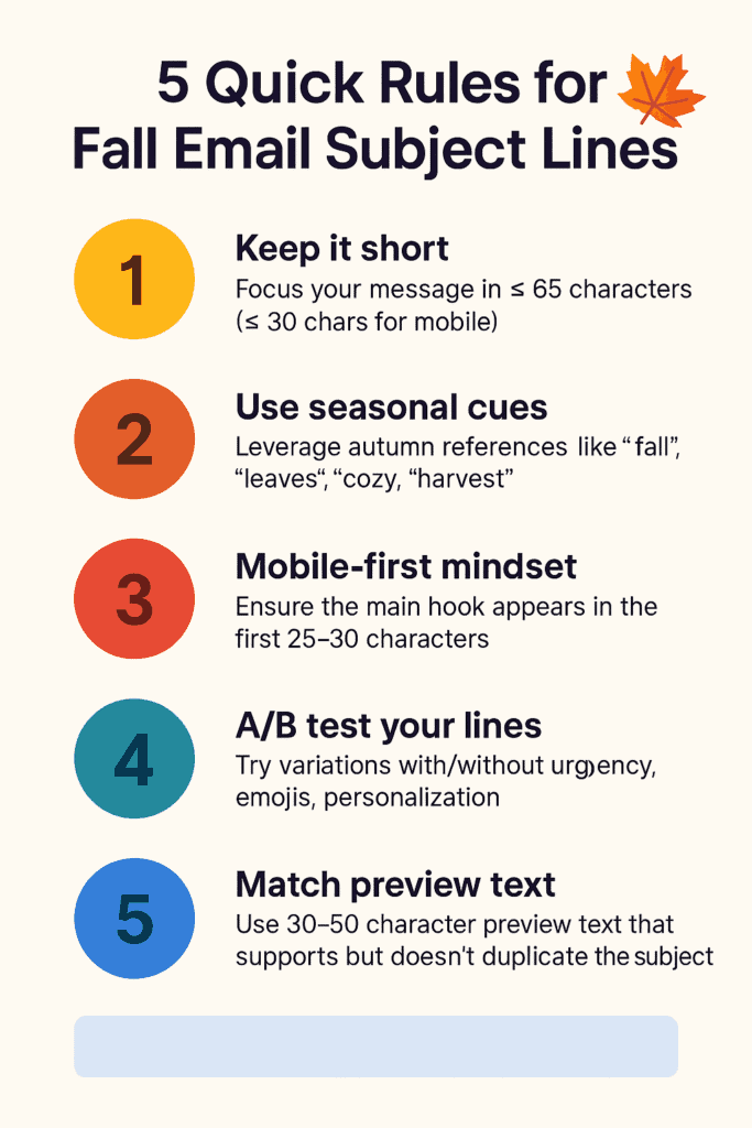 Infographic showing five rules for fall email subject lines: short, relevant, mobile-first, test, use preview text