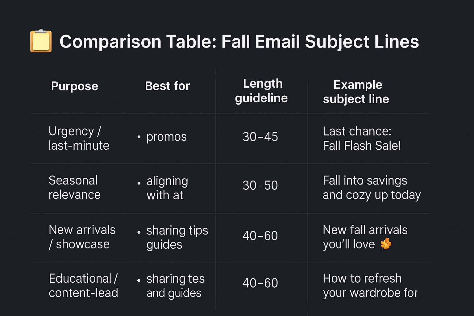 Comparison table: urgency vs personalization vs seasonal theme — best use case and example fall email subject lines