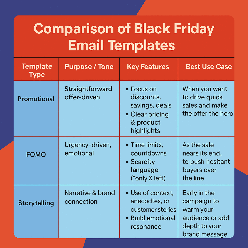 Comparison of promotional, FOMO, and storytelling Black Friday email templates