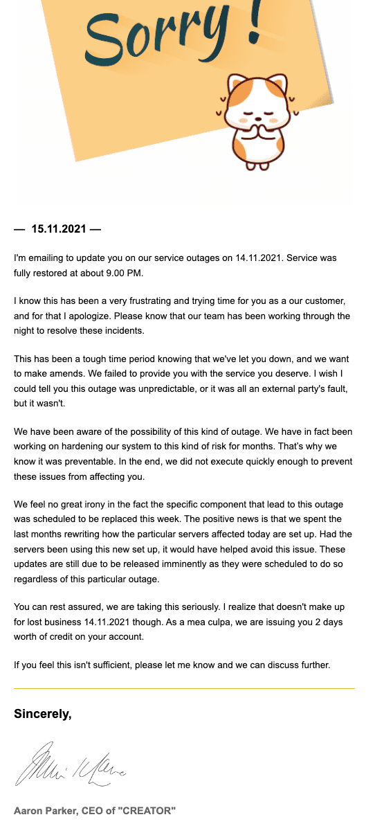 Service outage apology email template from EngageBay