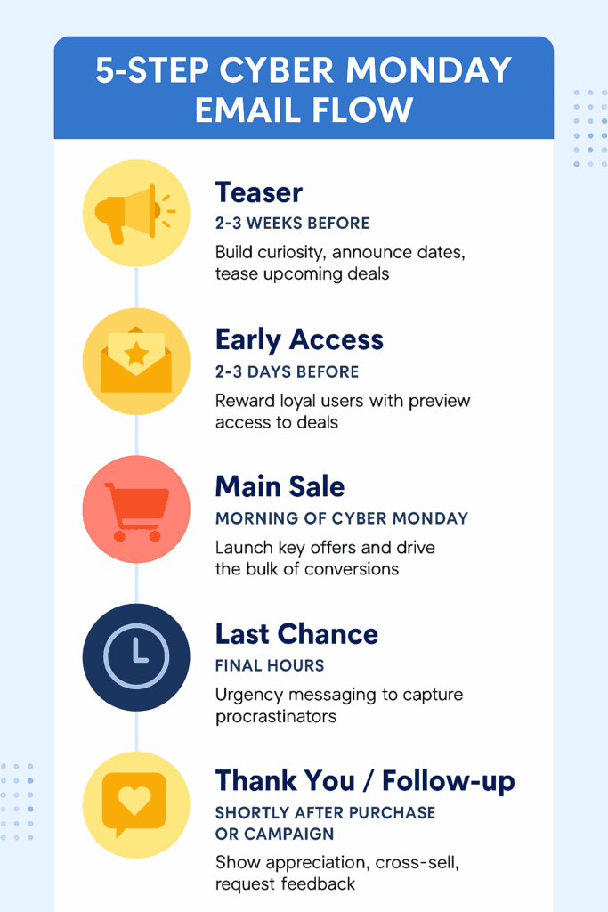 Infographic showing a 5-step Cyber Monday email sequence from teaser to thank you