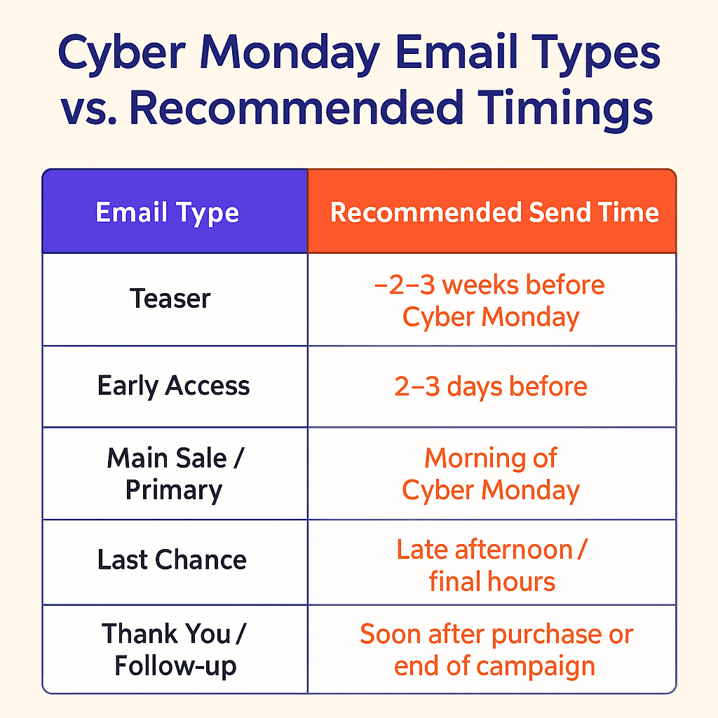 Comparison table showing Cyber Monday email types and recommended send times
