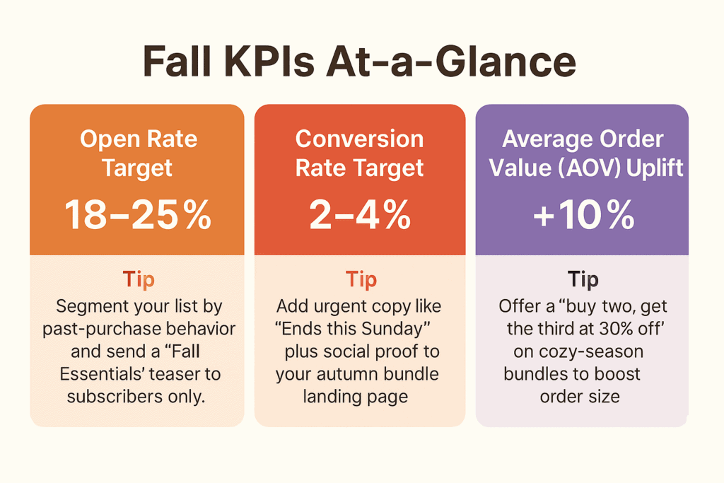 Fall campaign KPI snapshot: target open rate, conversion, AOV uplift