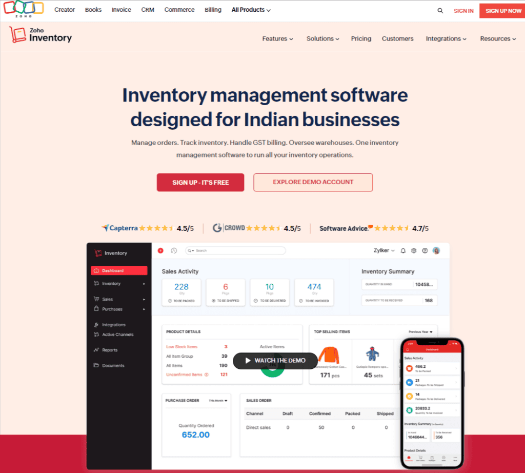 Zoho Inventory Dashboard showcasing inventory management features for Indian businesses.