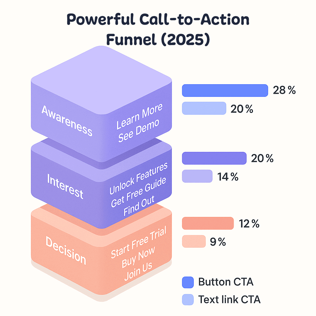 Infographic mapping powerful call to action phrases to each funnel stage.