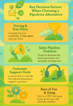 Infographic showing 5 decision factors when choosing a Pipedrive alternative: features, cost, ease‑of‑use, integrations, support
