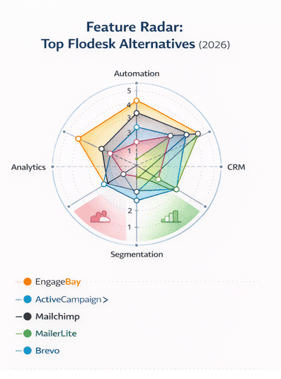Feature radar chart comparing automation, CRM, segmentation and analytics across top Flodesk alternatives