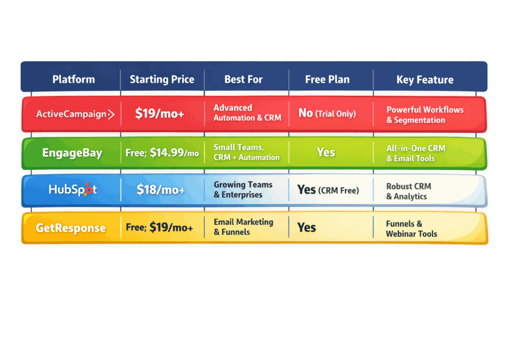 Comparison of ActiveCampaign and top alternatives including EngageBay, HubSpot, and GetResponse pricing and features.