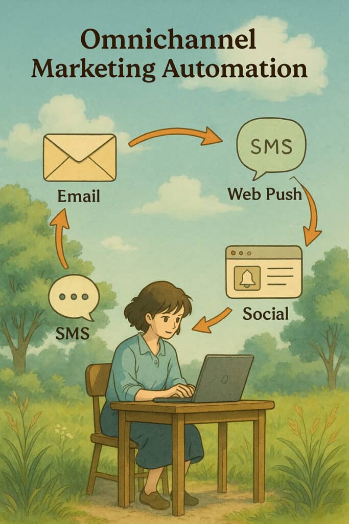 Infographic depicting an omnichannel marketing automation workflow across email, SMS, web push, and social