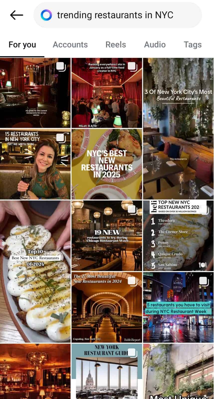 Instagram search on, "trending restaurants in NYC"