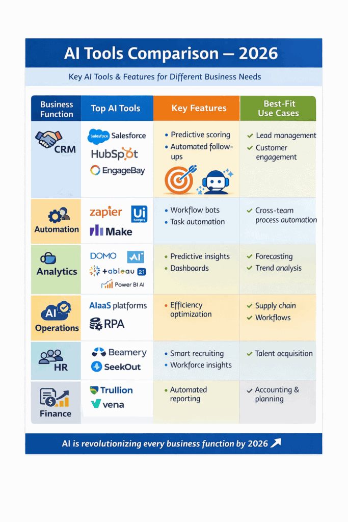 AI tools comparison table for business showing features, use cases, and best-fit categories