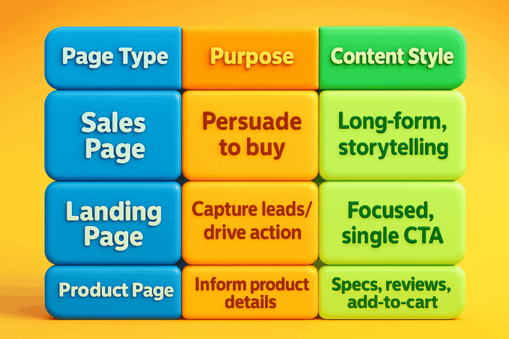 Comparison of sales page vs landing page vs product page
