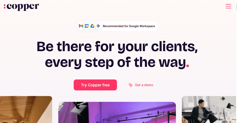 Copper CRM homepage screenshot showing Copper CRM as a top Pipedrive alternative.