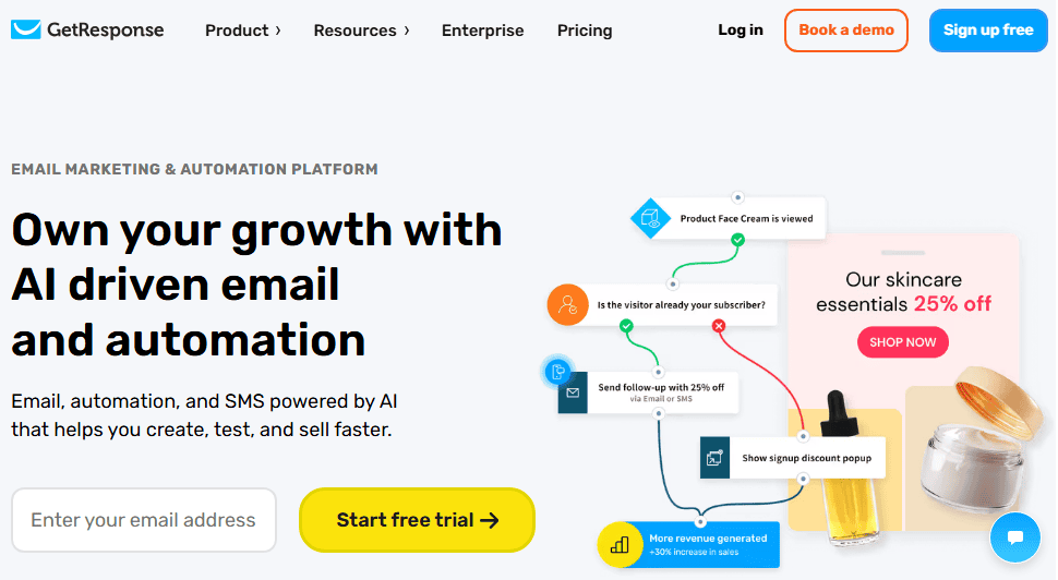 GetResponse homepage screenshot showing GetResponse as a top Pipedrive alternative.