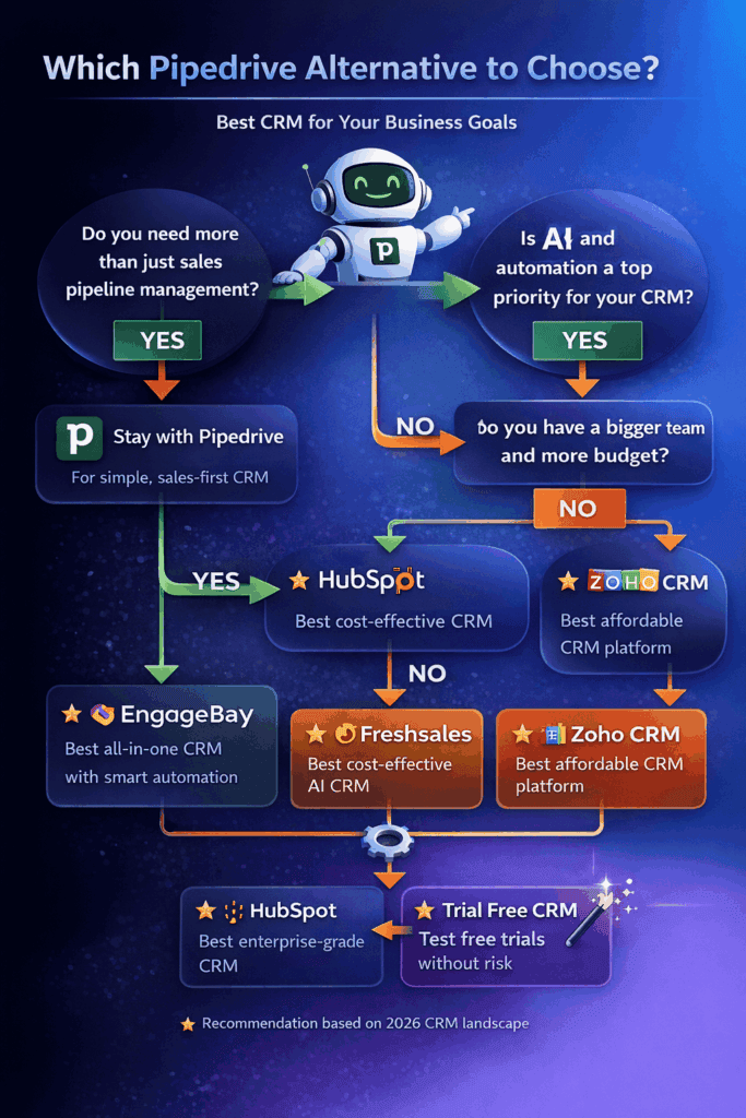 Decision flowchart titled “Which Pipedrive Alternative to Choose?” showing CRM selection paths based on needs like AI automation, budget, and team size, recommending EngageBay, Freshsales, HubSpot, Zoho CRM, or staying with Pipedrive.