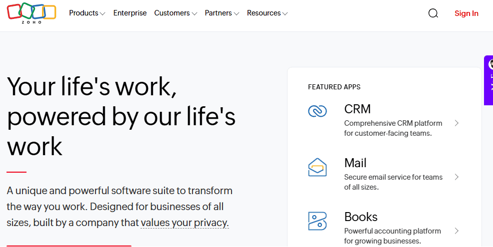 Zoho CRM homepage screenshot showing Zoho CRM as a top Pipedrive alternative.